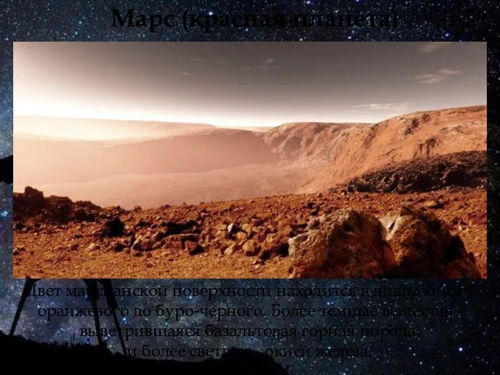 Цвет марсианской поверхности находится в диапазоне от оранжевого до буро-черного. Более темные