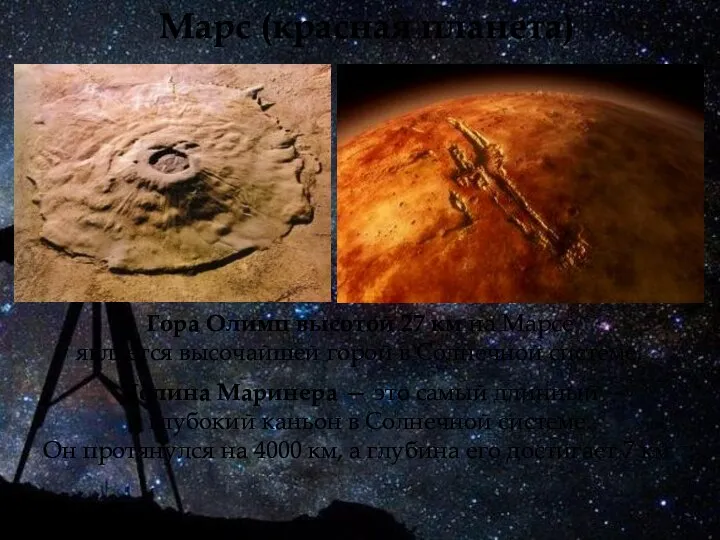 Марс (красная планета) Гора Олимп высотой 27 км на Марсе является высочайшей
