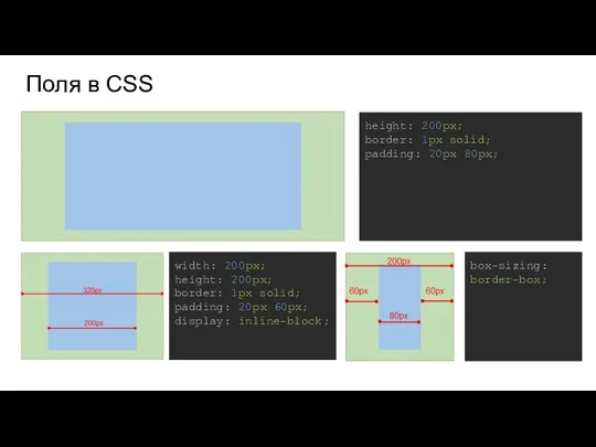Поля в CSS height: 200px; border: 1px solid; padding: 20px 80px; width:
