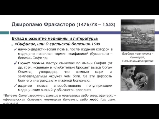 Вклад в развитие медицины и литературы: «Сифилис, или О галльской болезни», 1530