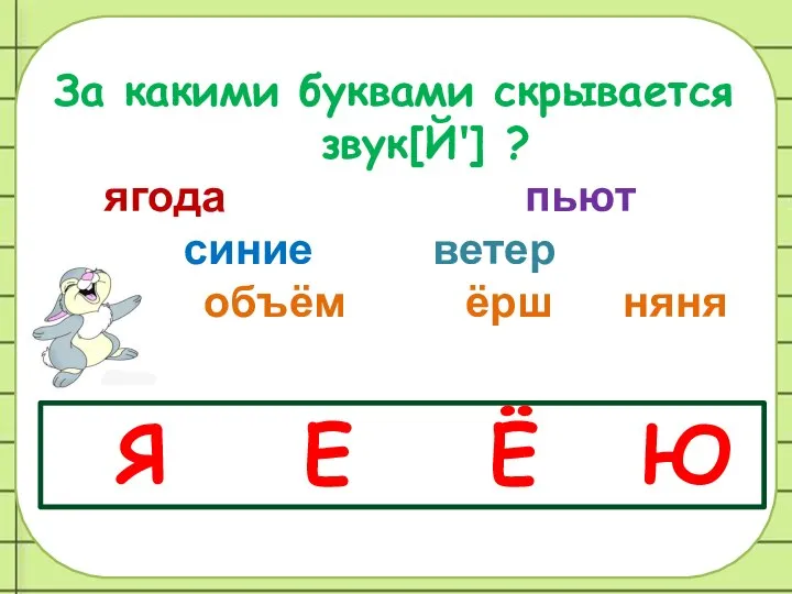 За какими буквами скрывается звук[Й'] ? ягода пьют синие ветер объём ёрш