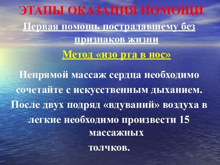 ЭТАПЫ ОКАЗАНИЯ ПОМОЩИ Первая помощь пострадавшему без признаков жизни Метод «изо рта