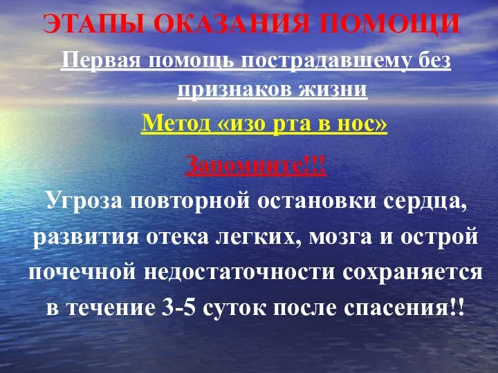 ЭТАПЫ ОКАЗАНИЯ ПОМОЩИ Первая помощь пострадавшему без признаков жизни Метод «изо рта