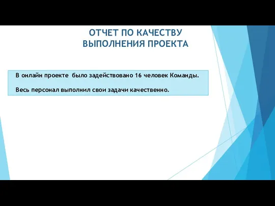 ОТЧЕТ ПО КАЧЕСТВУ ВЫПОЛНЕНИЯ ПРОЕКТА В онлайн проекте было задействовано 16 человек