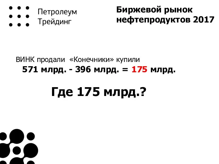 Биржевой рынок нефтепродуктов 2017 ВИНК продали «Конечники» купили 571 млрд. - 396