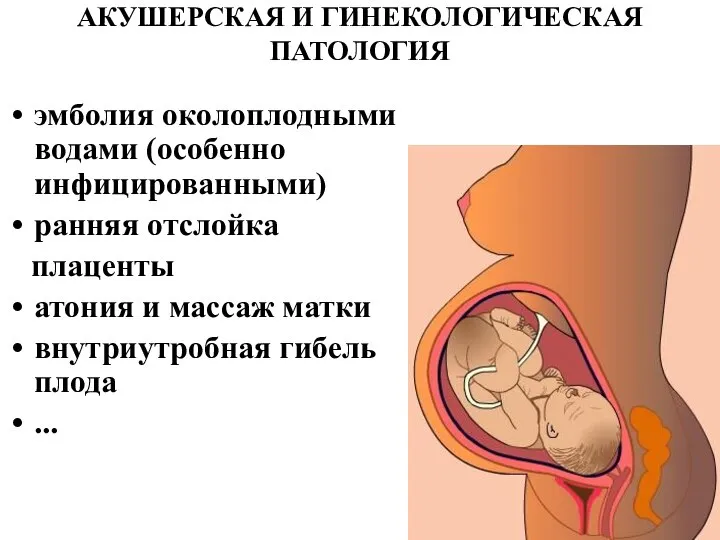 эмболия околоплодными водами (особенно инфицированными) ранняя отслойка плаценты атония и массаж матки