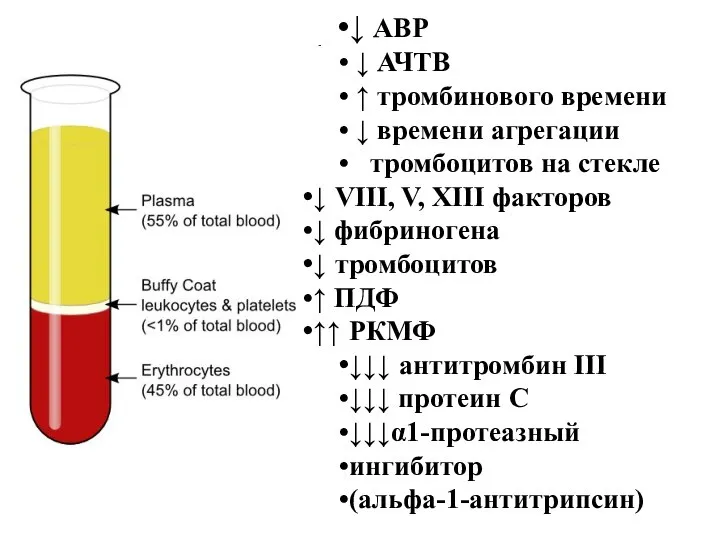 ↓ АВР ↓ АЧТВ ↑ тромбинового времени ↓ времени агрегации тромбоцитов на