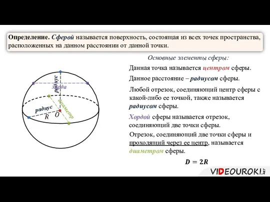 Отрезок, соединяющий две точки сферы и проходящий через ее центр, называется диаметром