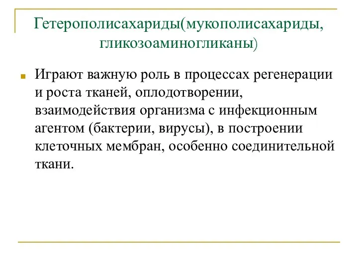 Гетерополисахариды(мукополисахариды, гликозоаминогликаны) Играют важную роль в процессах регенерации и роста тканей, оплодотворении,