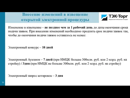 Изменение в извещение – не позднее чем за 1 рабочий день до