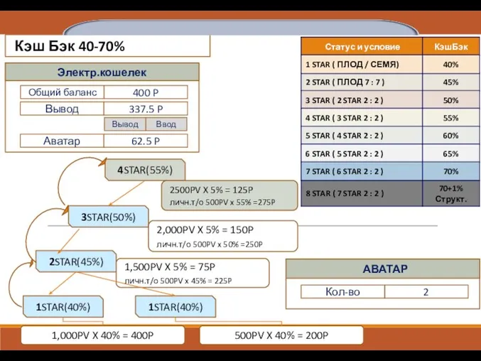 4STAR(55%) 3STAR(50%) Кэш Бэк 40-70% 2STAR(45%) 1STAR(40%) 1,000PV X 40% = 400P