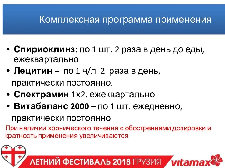 Комплексная программа применения Спириоклинз: по 1 шт. 2 раза в день до