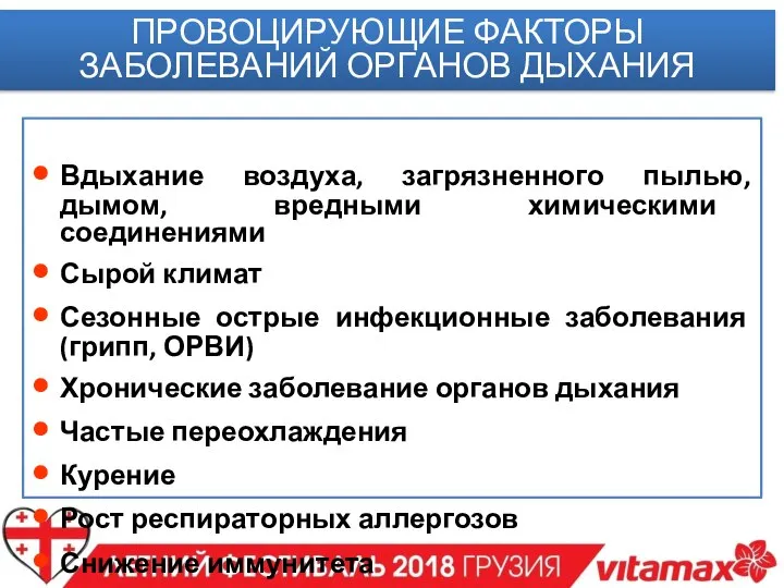 ПРОВОЦИРУЮЩИЕ ФАКТОРЫ ЗАБОЛЕВАНИЙ ОРГАНОВ ДЫХАНИЯ Вдыхание воздуха, загрязненного пылью, дымом, вредными химическими