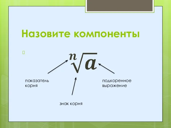 Назовите компоненты показатель корня знак корня подкоренное выражение