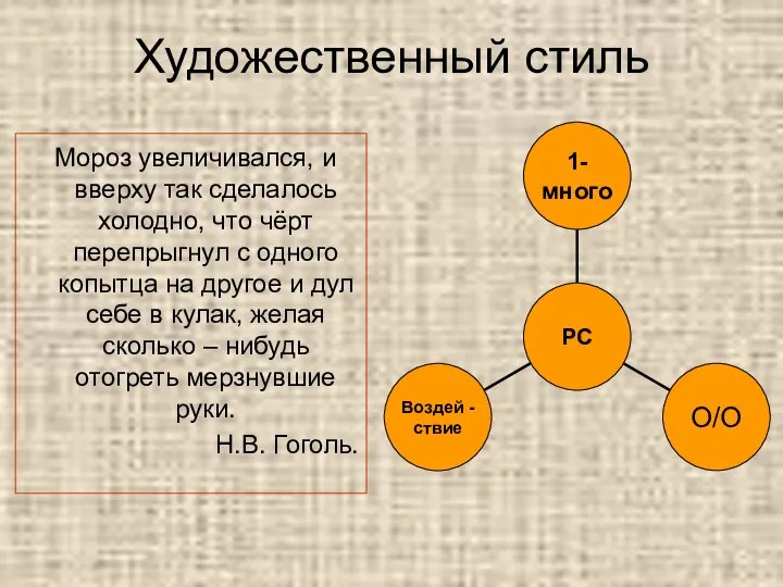 Художественный стиль Мороз увеличивался, и вверху так сделалось холодно, что чёрт перепрыгнул