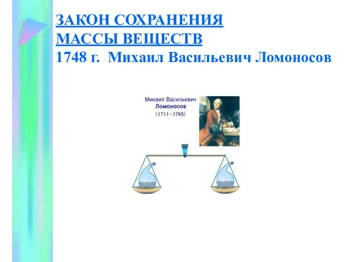 ЗАКОН СОХРАНЕНИЯ МАССЫ ВЕЩЕСТВ 1748 г. Михаил Васильевич Ломоносов