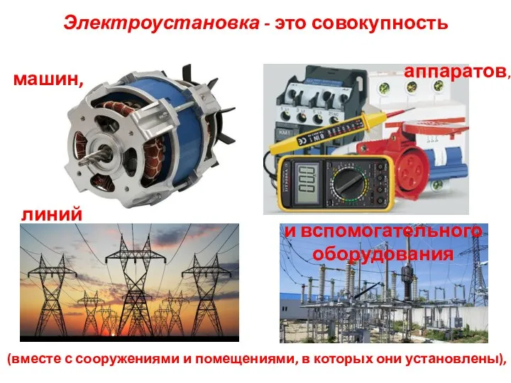 Электроустановка - это совокупность (вместе с сооружениями и помещениями, в которых они