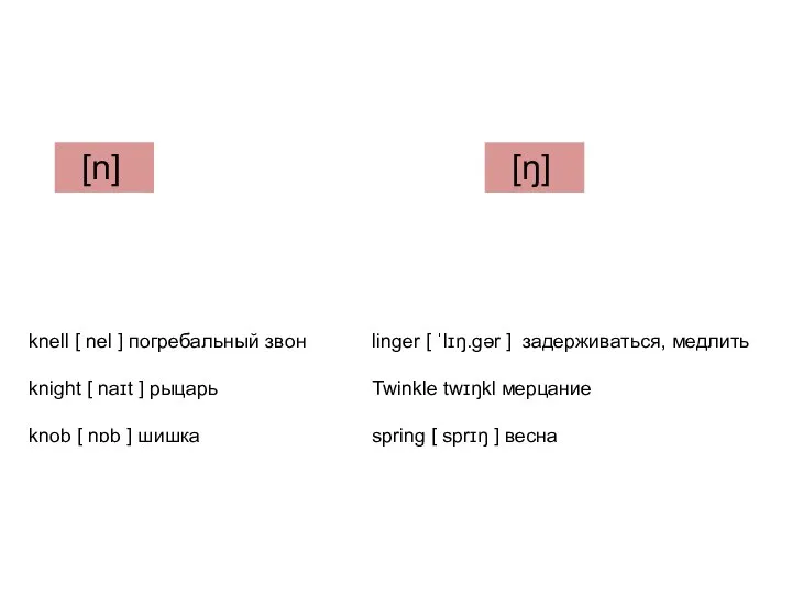 [n] knell [ nel ] погребальный звон knight [ naɪt ] рыцарь