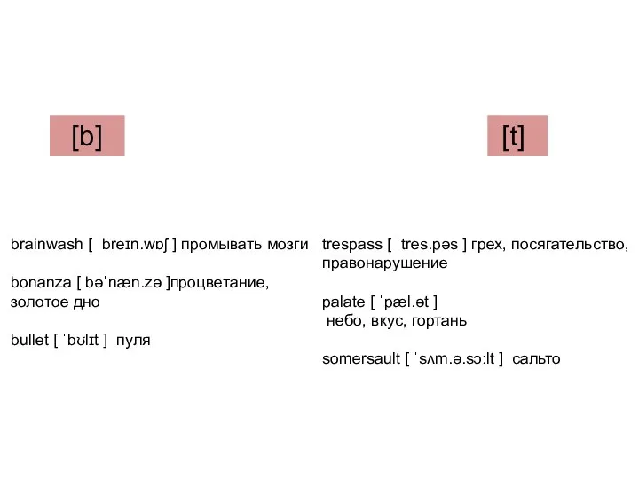 [b] [t] brainwash [ ˈbreɪn.wɒʃ ] промывать мозги bonanza [ bəˈnæn.zə ]процветание,