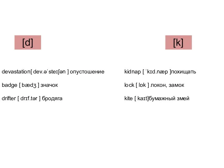 [d] [k] devastation[ dev.əˈsteɪʃən ] опустошение badge [ bædʒ ] значок drifter