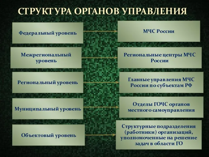 СТРУКТУРА ОРГАНОВ УПРАВЛЕНИЯ Федеральный уровень Межрегиональный уровень Региональный уровень Муниципальный уровень Объектовый