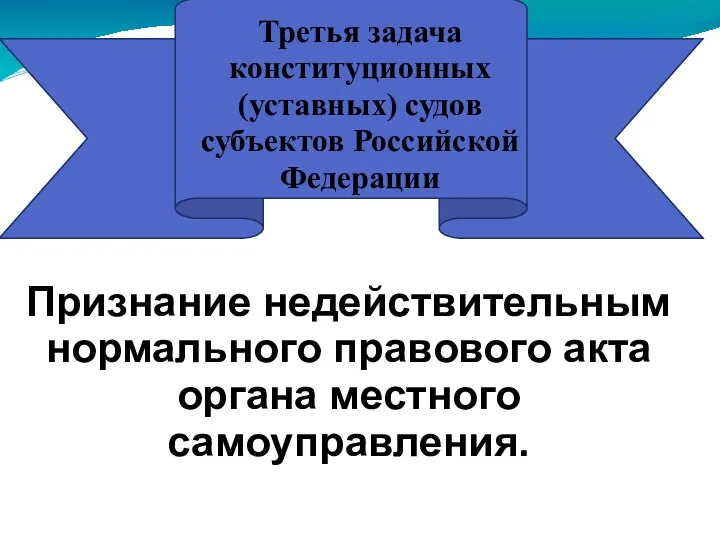 Третья задача конституционных (уставных) судов субъектов Российской Федерации Признание недействительным нормального правового акта органа местного самоуправления.