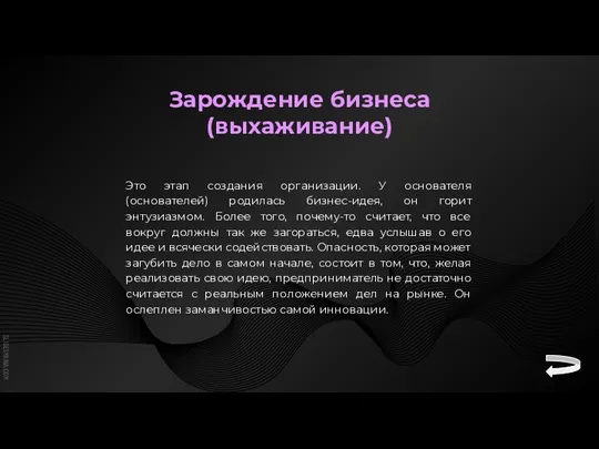 Зарождение бизнеса(выхаживание) . Это этап создания организации. У основателя (основателей) родилась бизнес-идея,