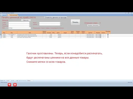 Галочки проставлены. Теперь, если понадобится распечатать, будут распечатаны ценники на все данные