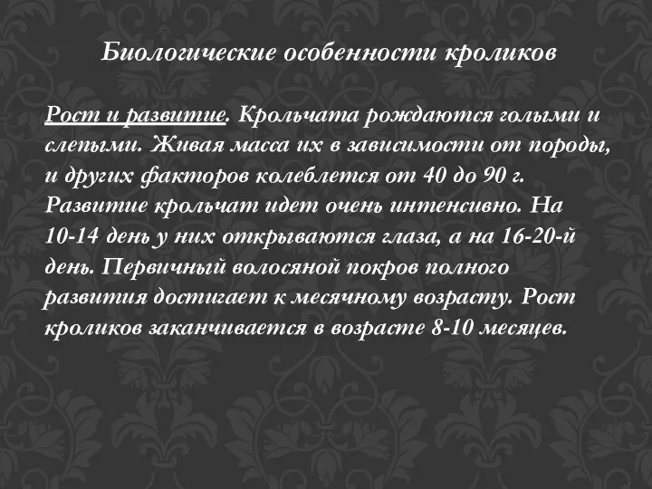 Биологические особенности кроликов Рост и развитие. Крольчата рождаются голыми и слепыми. Живая