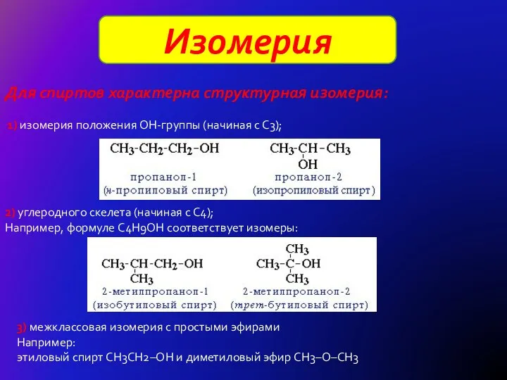 Изомерия Для спиртов характерна структурная изомерия: 1) изомерия положения ОН-группы (начиная с