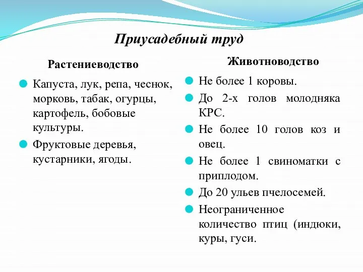 Приусадебный труд Растениеводство Животноводство Капуста, лук, репа, чеснок, морковь, табак, огурцы, картофель,