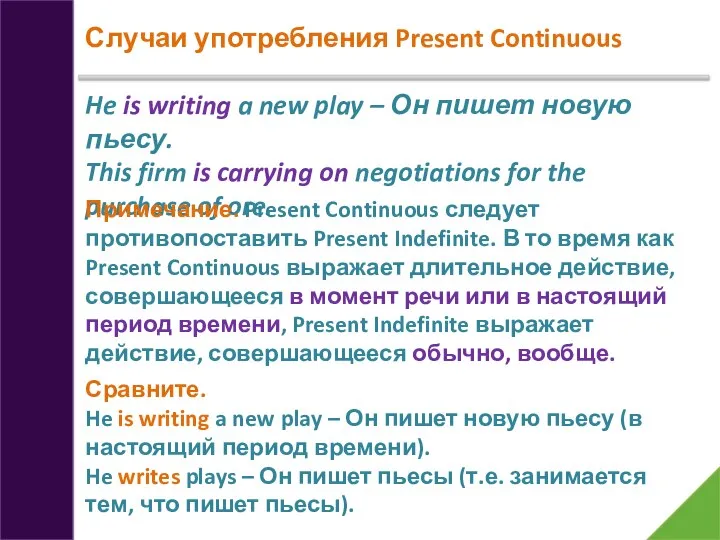 Случаи употребления Present Continuous He is writing a new play – Он