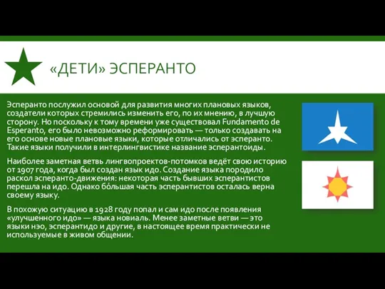 «ДЕТИ» ЭСПЕРАНТО Эсперанто послужил основой для развития многих плановых языков, создатели которых