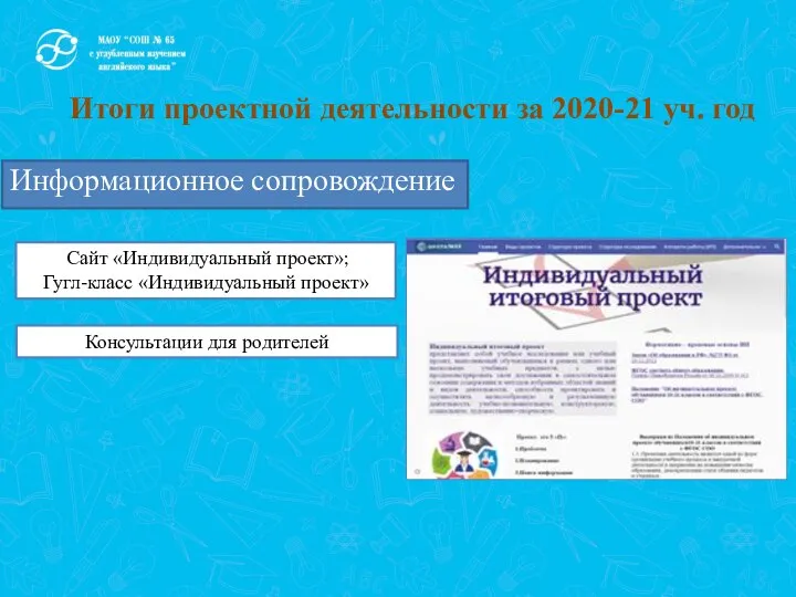 Итоги проектной деятельности за 2020-21 уч. год Сайт «Индивидуальный проект»; Гугл-класс «Индивидуальный