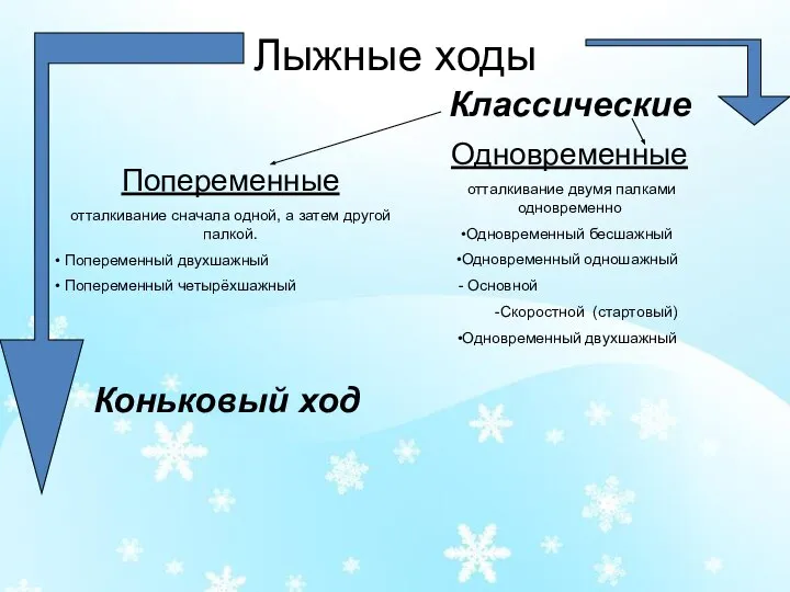 Лыжные ходы Попеременные отталкивание сначала одной, а затем другой палкой. Попеременный двухшажный