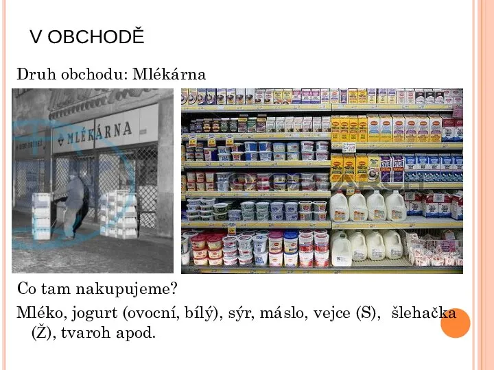 V OBCHODĚ Druh obchodu: Mlékárna Co tam nakupujeme? Mléko, jogurt (ovocní, bílý),