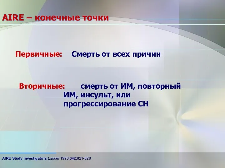 AIRE – конечные точки Первичные: Смерть от всех причин Вторичные: смерть от