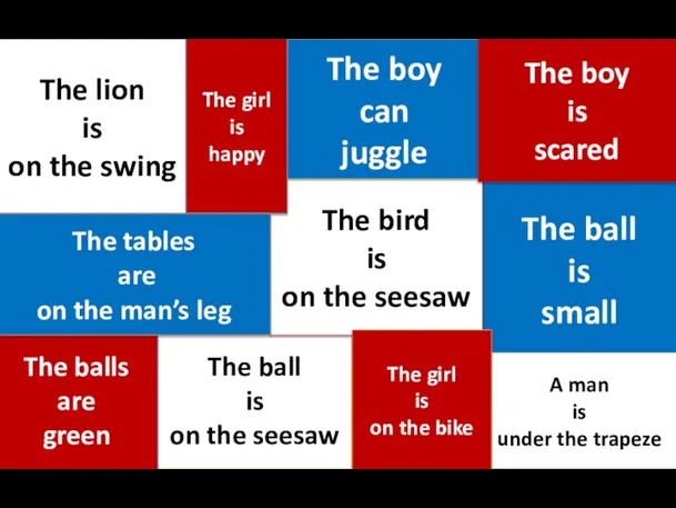 The lion is on the swing The ball is small The ball