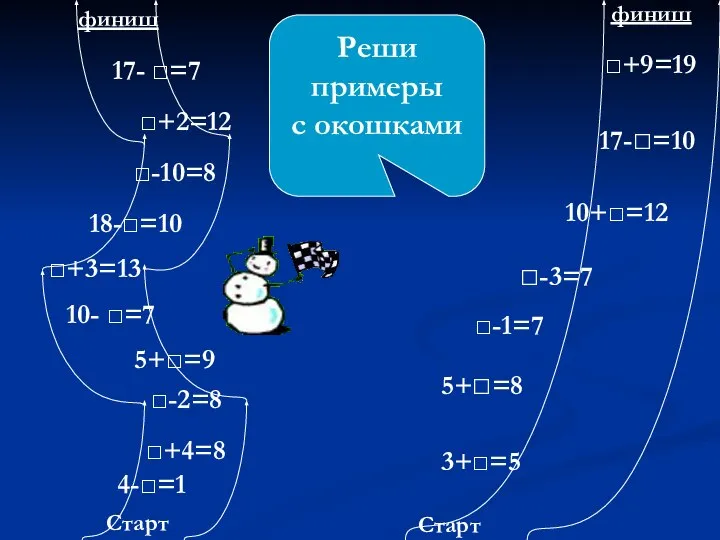 Старт Старт финиш финиш 3+□=5 5+□=8 □-1=7 □-3=7 10+□=12 17-□=10 □+9=19 4-□=1