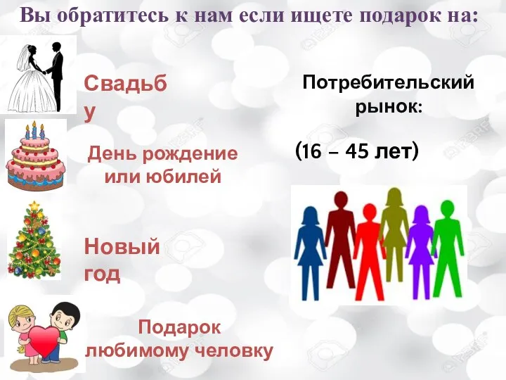 Свадьбу День рождение или юбилей Новый год Подарок любимому человку Потребительский рынок: