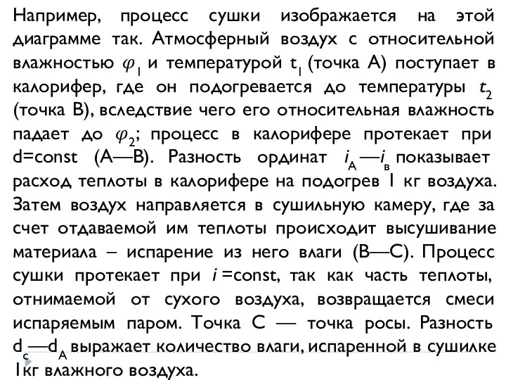 Например, процесс сушки изображается на этой диаграмме так. Атмосферный воздух с относительной