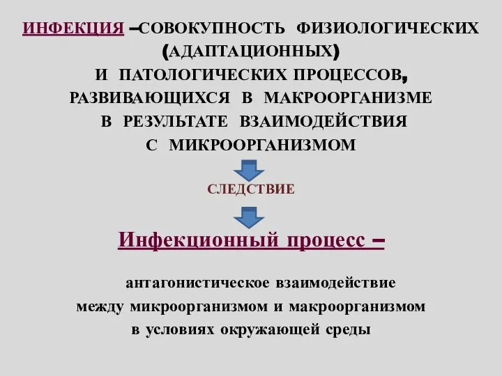 ИНФЕКЦИЯ –СОВОКУПНОСТЬ ФИЗИОЛОГИЧЕСКИХ (АДАПТАЦИОННЫХ) И ПАТОЛОГИЧЕСКИХ ПРОЦЕССОВ, РАЗВИВАЮЩИХСЯ В МАКРООРГАНИЗМЕ В РЕЗУЛЬТАТЕ