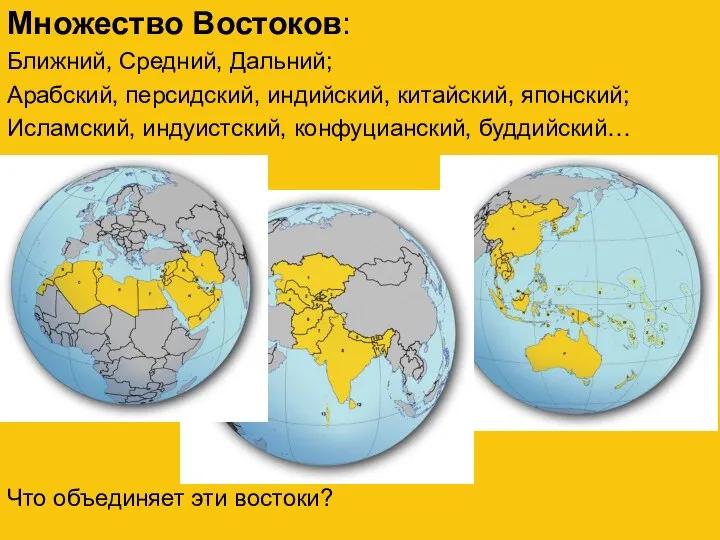 Множество Востоков: Ближний, Средний, Дальний; Арабский, персидский, индийский, китайский, японский; Исламский, индуистский,