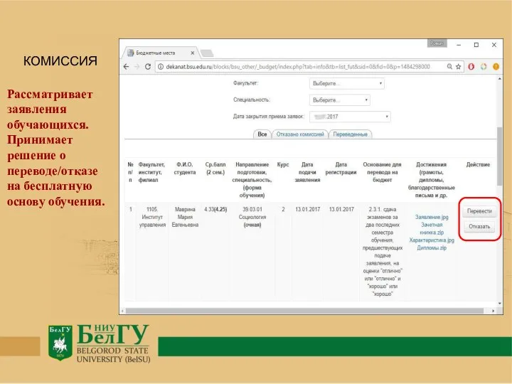 КОМИССИЯ Рассматривает заявления обучающихся. Принимает решение о переводе/отказе на бесплатную основу обучения.