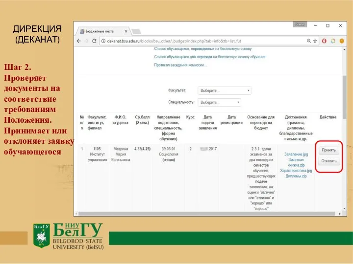 Шаг 2. Проверяет документы на соответствие требованиям Положения. Принимает или отклоняет заявку обучающегося ДИРЕКЦИЯ (ДЕКАНАТ)