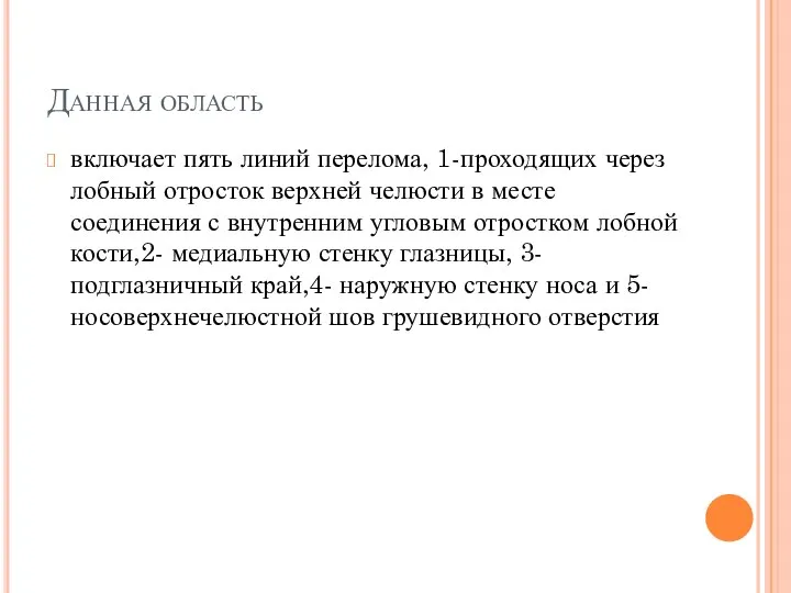 Данная область включает пять линий перелома, 1-проходящих через лобный отросток верхней челюсти