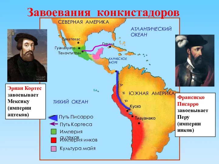 Завоевания конкистадоров Франсиско Писарро завоевывает Перу (империи инков) Эрнан Кортес завоевывает Мексику (империи ацтеков)
