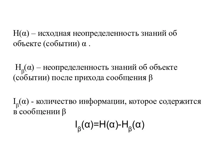 H(α) – исходная неопределенность знаний об объекте (событии) α . Hβ(α) –