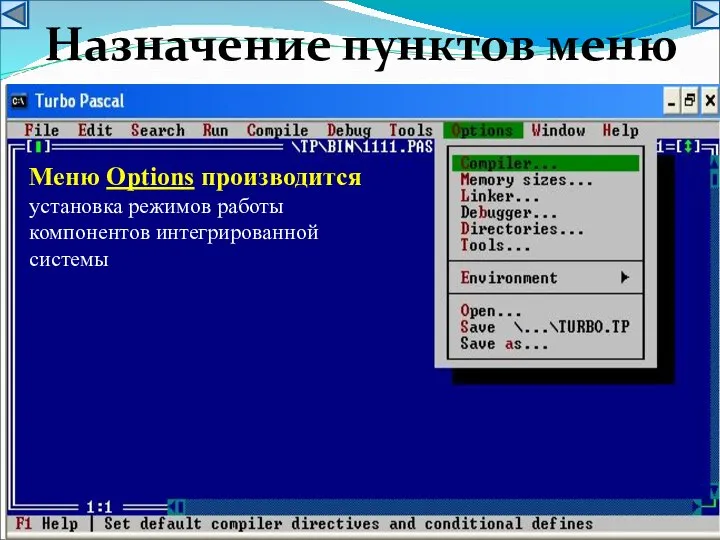 Меню Options производится установка режимов работы компонентов интегрированной системы Назначение пунктов меню