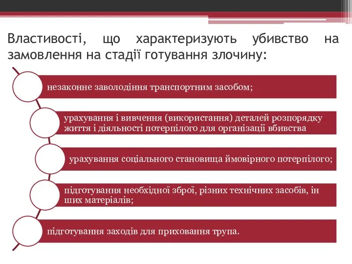 Властивості, що характеризують убивство на замовлення на стадії готування злочину: